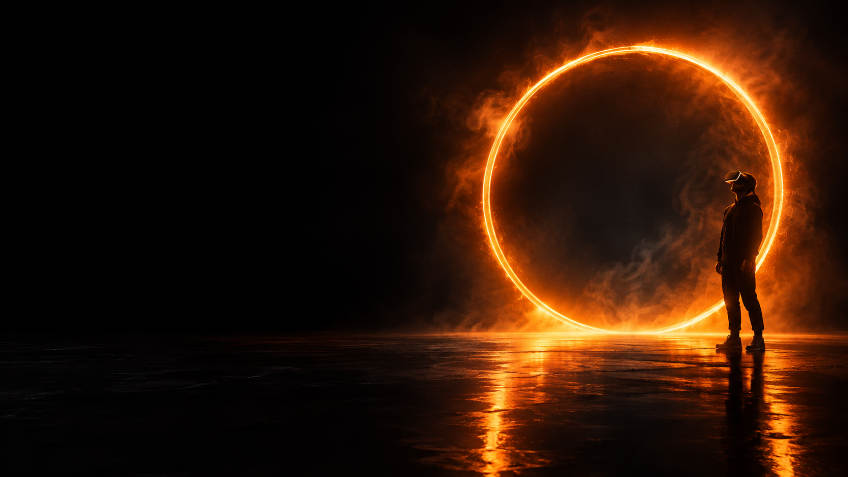 A cinematic orange light portal surrounding a person exploring virtual reality